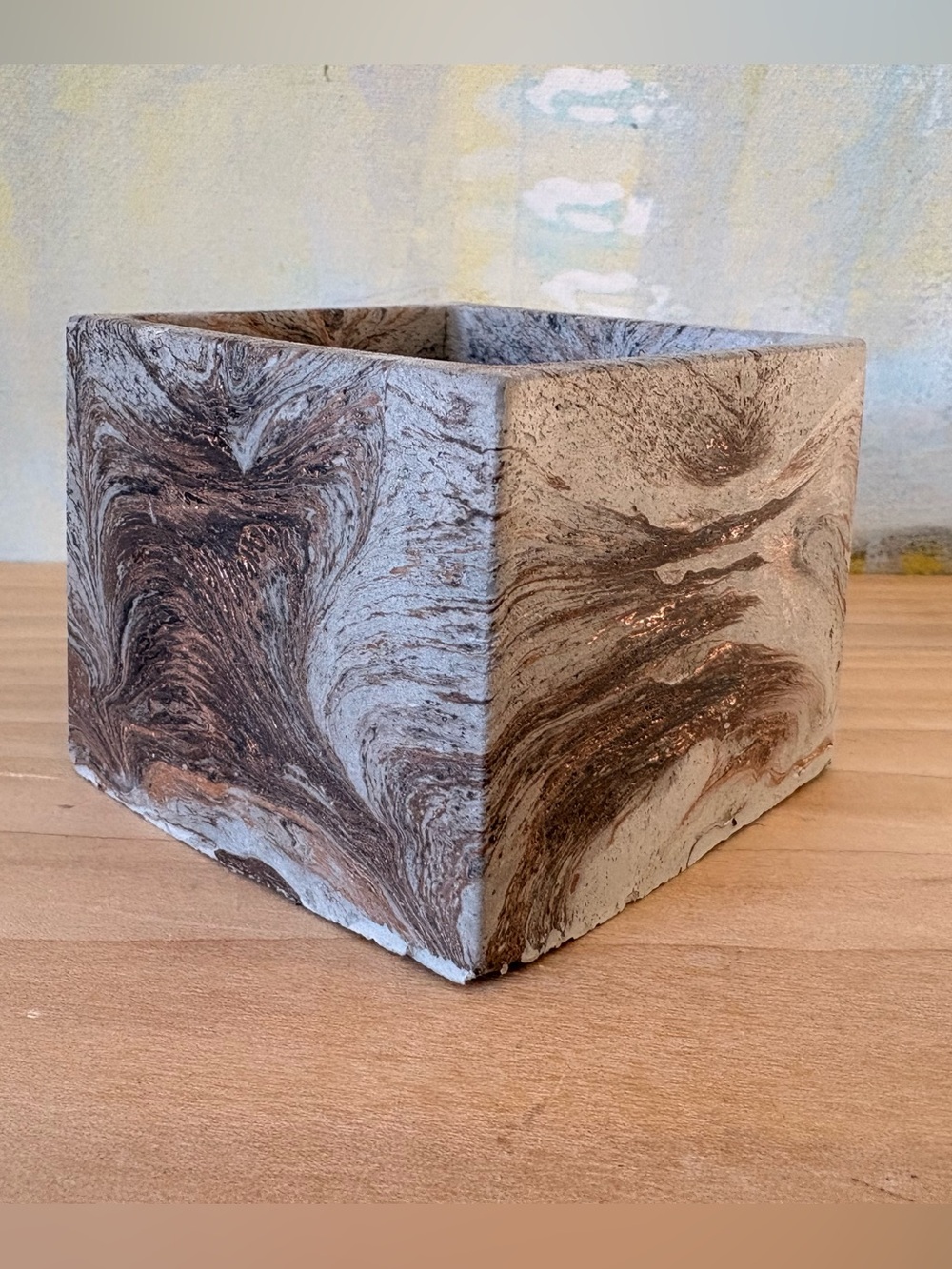 Small Marbled Square Concrete Planter in Brown & White